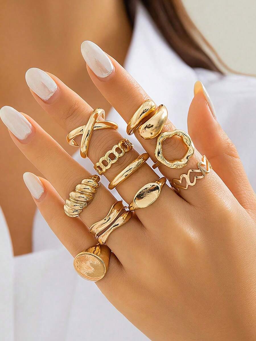 10 件/套女士复古金属几何多层戒指套装，朋克嘻哈金金属指节戒指，时尚珠宝礼物