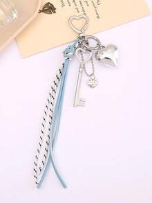 Llavero con colgante de corazón, accesorios para llaves con cordón trenzado de colores múltiples, artículos creativos, colgante de corazón de metal, llavero de equipaje, accesorios para cordones, colgante con borla y hebilla con forma de corazón, colgante para teléfono móvil