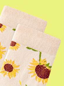 1 par de calcetines de mujer con diseño de girasol - súper suaves, que absorben la humedad, diseño de media pantorrilla - calcetines largos de moda, cómodos todo el día, esenciales para el otoño - Multicolor - Ver 3