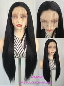 Black Long Straight Synthetic Lace Front Wigs Pre Plucked For Women 24 Inches 150 Density - Black - View 7