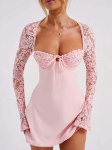 Women Mini Dress, Long Sleeve Backless Low-Cut Tie-Up Lace Patchwork Cocktail Dress A-Line Dress - Pink - View 5