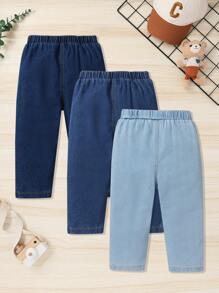 Conjunto de 3 pantalones vaqueros casuales cómodos y suaves para niños pequeños con cintura elástica recta