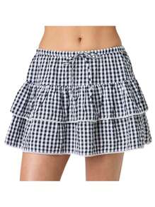 Womens Plaid Mini Skirt Elastic Waist A-Line Layered Ruffle Skirt Casual Streetwear