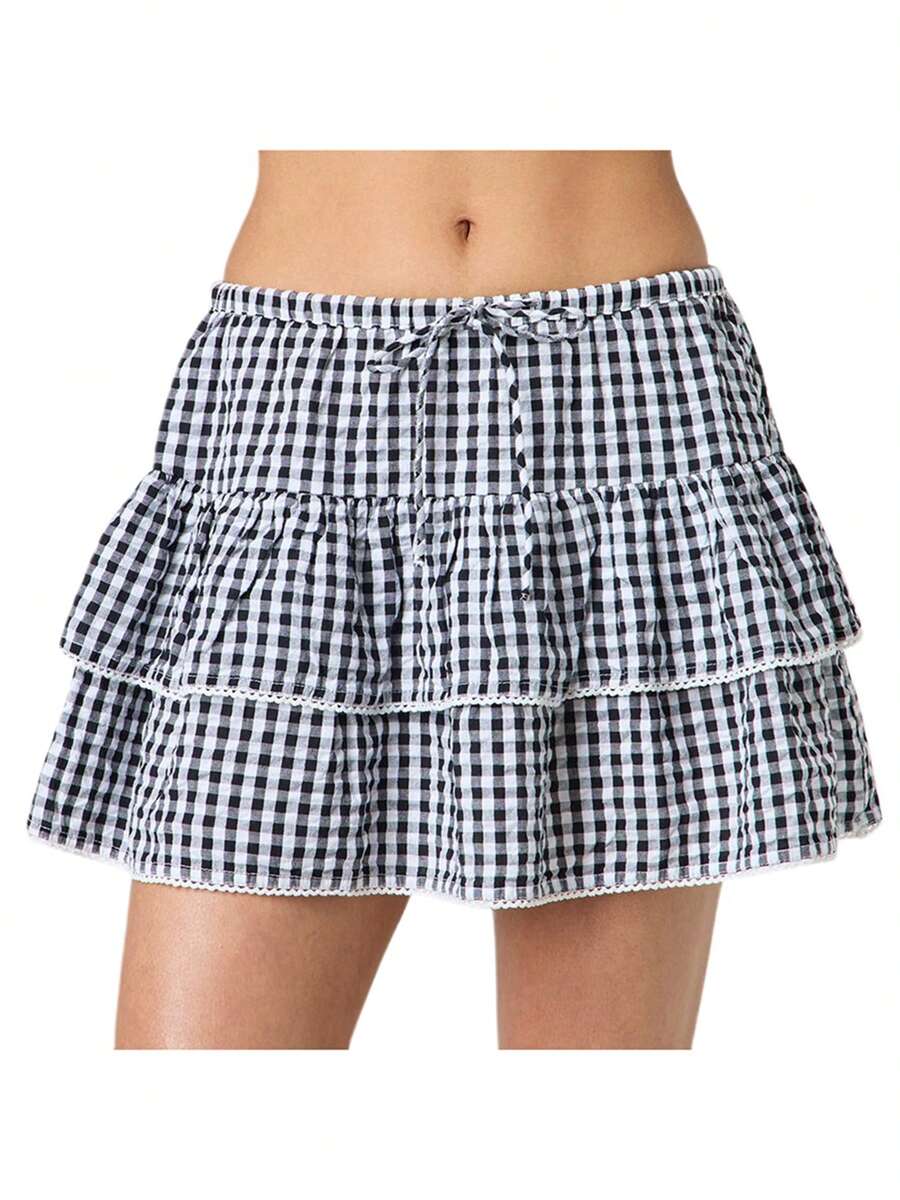 Womens Plaid Mini Skirt Elastic Waist A-Line Layered Ruffle Skirt Casual Streetwear