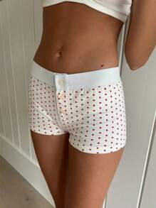 Women Cute Sleep Shorts Lounge Shorts Button Floral Print Low Rise Micro Shorts Slim Fit Pajama Bottoms - 紅愛心 - 查看 3