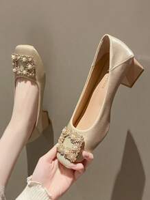 女士方头水钻和珍珠装饰时尚红色高跟鞋，性感一脚蹬增高粗跟鞋 - 米色 - 查看 4