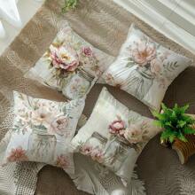 Set de 4 fundas decorativas de cojín con diseño floral rosa vintage, tela de terciopelo durazno, impresión de un solo lado, 45*45 CM, adecuadas para sala de estar, dormitorio, sofá, regalo
