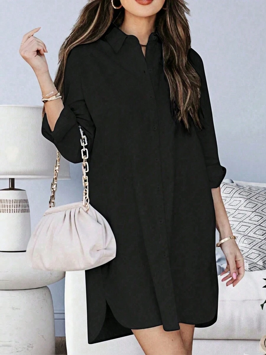 Women's Solid Color Single-Breasted Casual Loose High-Low Hem Pocket Commuter Versatile Shirt Black Spring - Black - View 1