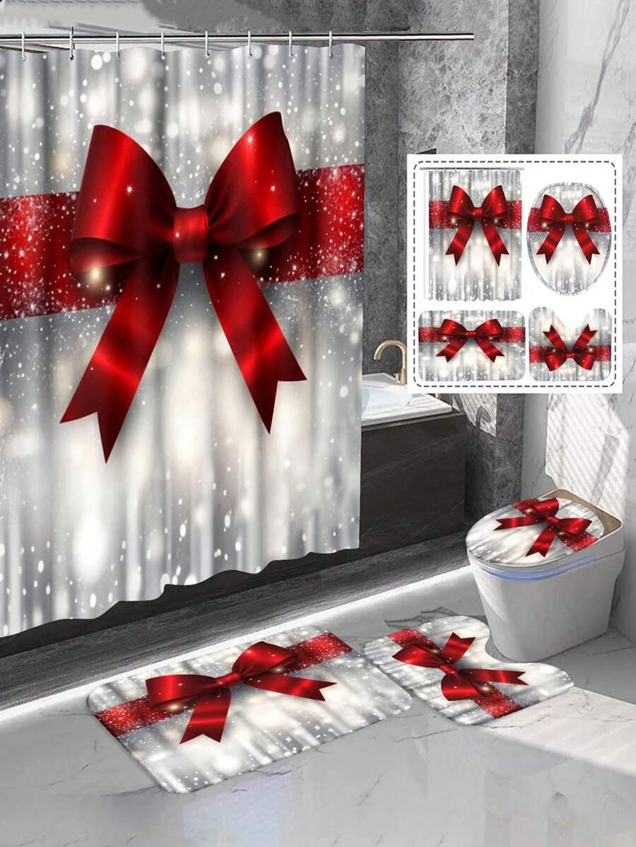 4pcs Red Large Bow Printed Shower Curtain Set, Cute Red Bows Fabric Polyester 12 Hooks Shower Curtain With Non-Slip Bathroom Rug, Toilet U-Shape Mat, Toilet Lid Cover Pad, Machine Washable Bathroom Accessories, Bathroom Christmas Decor Home Bathroom Decor Fall Decor Back To School - Multicolor - View 1