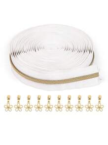 Zíperes sortidos de 450 cm/5 jardas com 10 puxadores dourados rasos (decoração de borboleta ou flor), zíperes de nylon nº 5, dentes dourados rasos, fita preta e branca, adequados para roupas, bolsas, artesanato DIY, etc.