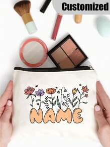 [Custom Made] Polyester Flower Design Cosmetic Bag For Women - Waterproof, Large Capacity,Personalized Name,Unscented, Portable Zip Makeup Pouch, Travel Essential, Gift For Flower Lovers - Exclusive Gift,Letter,Portable,Multifunction,Versatile,Lightweight,Large Capacity,All-Purpose,Practical,Cute,Adorable,Contracted,Vacay Vibes/Vacation,Minimalist,Custom,Personalized,Unique,Customized,Ideal Gifts For Her,Women, Rookies & White-Collar Workers,Girlfriend,Pink Girls,Her,Friends,Children,Family,Travel Accessories