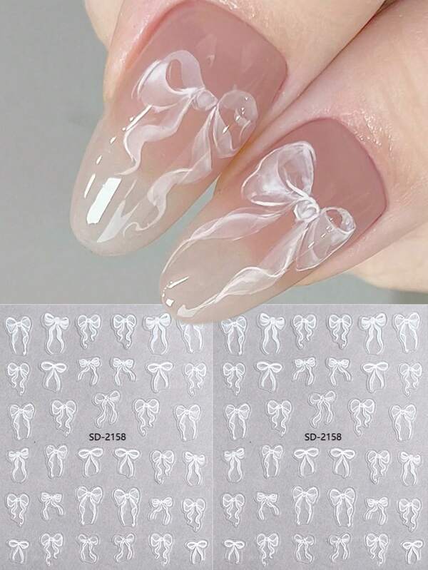 FULL BEAUTY 2pcs Lovely White Bowknot Ribbon Design Thin Tough 3D Nail Art Stickers, Self Adhesive Romantic Wedding Bow Decals DIY Charms Decorations Nail Supplies Nails