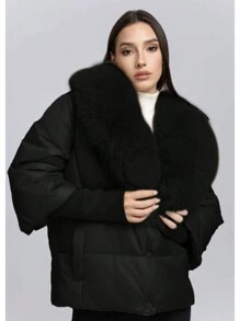 Women Casual Thick Cotton Padded Coat With Faux Fur Collar, Winter