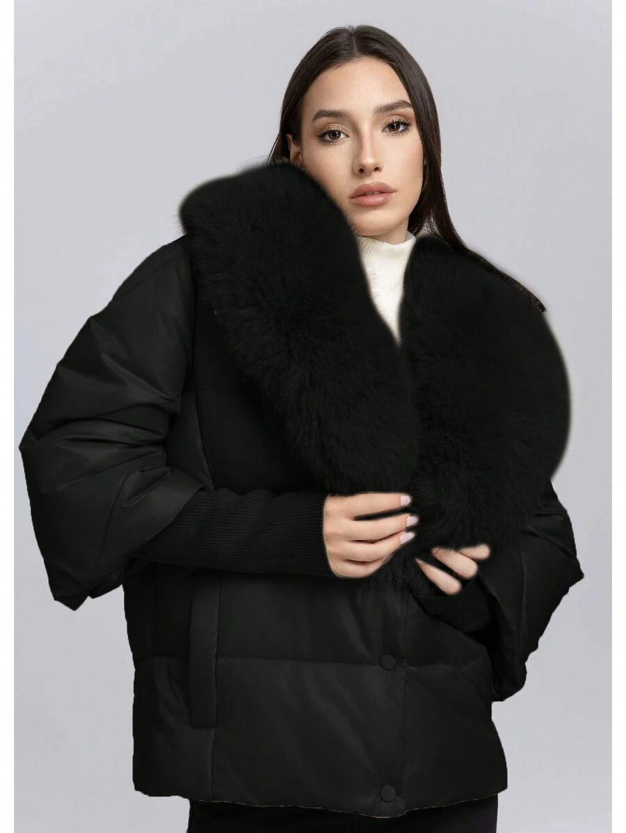 Women Casual Thick Cotton Padded Coat With Faux Fur Collar, Winter