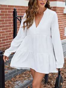 Deep V-Neck White Ruffle Hem Casual Dress, Simple & Stylish For Everyday Wear