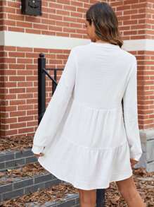Deep V-Neck White Ruffle Hem Casual Dress, Simple & Stylish For Everyday Wear