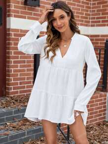Deep V-Neck White Ruffle Hem Casual Dress, Simple & Stylish For Everyday Wear