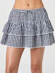 Womens Plaid Mini Skirt Elastic Waist A-Line Layered Ruffle Skirt Casual Streetwear