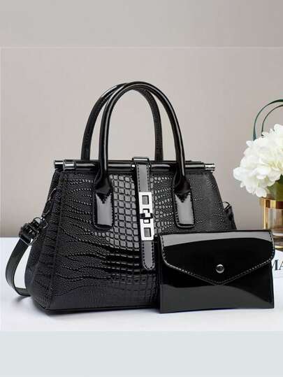 2pcs Set Elegant Fashion Crocodile Embossed Tote Bag & Shoulder Bag, Multi-Functional Large Capacity, Stylish Design, New Fashionable Ladies Small Square Handbag Crossbody Bag, Versatile Casual Large Capacity Shoulder Or Crossbody Bag Suitable For Travel, Shopping, New Fashionable Ladies Tote Shoulder Crossbody Bag, Elegant Color Blocking, Casual Luxury Large Capacity Shoulder Or Crossbody Design, Best Mother's Day Gifts Ever