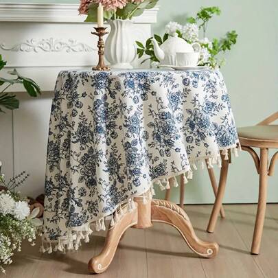 MeijiaMo 1pc Floral Pattern Rectangular Tablecloth, Polyester Bohemian Minimalist Solid Color Decoration Mat For Kitchen, Dining, Party, Holiday, Wedding, Cafe, Round Tables, Applicable For All Seasons