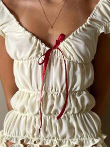 Women's Summer 2 Piece Outfits Short Sleeve Ruched Tops Solid Color/Plaid Shorts Set - 米色 - 查看 3