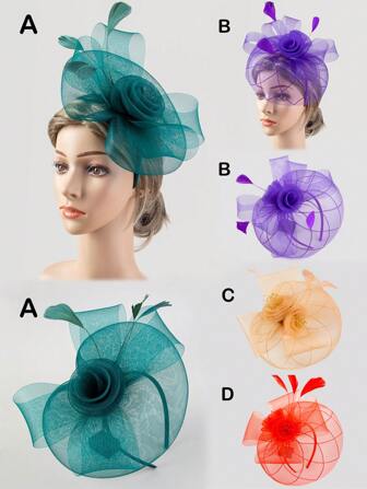 1pc Women Flower Veil Mesh Fascinator Headdress For Halloween Cosplay Bridal Wedding Tea Party Accessoies Birthday Gift Horce-Racing Derbyhat Hat With Headband