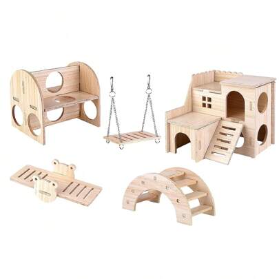 paquete de 5 juguetes de madera para hámsteres Runup, casa de hámster de madera, paraíso de hámsteres DIY que incluye casa de múltiples cámaras, puente giratorio, columpio, escondite para hámster, accesorios para hámsteres y ardillas