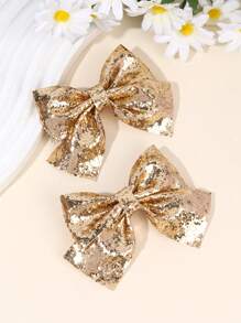 2 件金色蝴蝶结，适合幼儿女孩，闪亮金色闪光蝴蝶结发夹，纯色蝴蝶结发夹，带尾巴，闪亮时尚发夹，女孩节日派对头饰，儿童婴儿发饰，爱情人节 - 彩色 - 查看 2