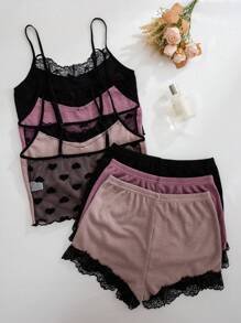 3-delige pyjamaset voor dames - wafelstof cami-top met kantsplit en shorts