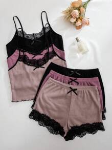 3-delige pyjamaset voor dames - wafelstof cami-top met kantsplit en shorts