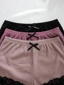 3-delige pyjamaset voor dames - wafelstof cami-top met kantsplit en shorts