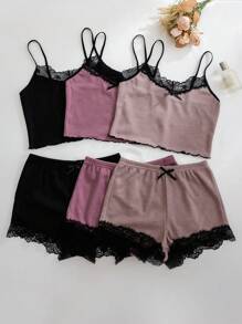 3-delige pyjamaset voor dames - wafelstof cami-top met kantsplit en shorts