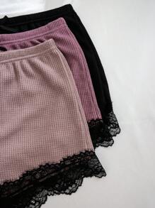 3-delige pyjamaset voor dames - wafelstof cami-top met kantsplit en shorts
