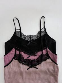 3-delige pyjamaset voor dames - wafelstof cami-top met kantsplit en shorts