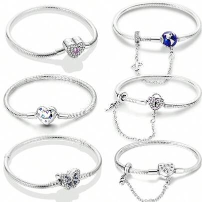 1Pc Silver Color Heart Butterfly Star Map Chain Soft Snake Bracelet Fit Bead Charm Diy Jewelry Making Daily Wear Gift For Women Girl