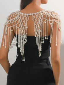 1pc Handmade Elegant Multilayer Faux Pearl Hollow Diamond Teardrop Tassel Body Chain, Adjustable Length Dress Accessory For Wedding Party