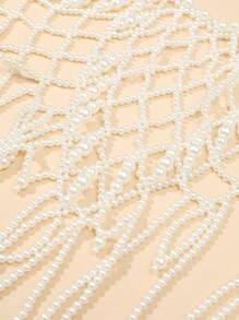 1pc Handmade Elegant Multilayer Faux Pearl Hollow Diamond Teardrop Tassel Body Chain, Adjustable Length Dress Accessory For Wedding Party