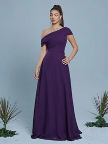 Mgiacy New Arrival One Shoulder Elegant Bridesmaid Dress Asymmetrical Ruched Short Sleeve Chiffon Long Dress - 紫羅蘭色 - 查看 3