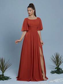 Mgiacy Bateau Neck Elegant Bridesmaid Dress With Ruching, Flare Sleeves, Chiffon High Slit Maxi Gown - Red - View 4