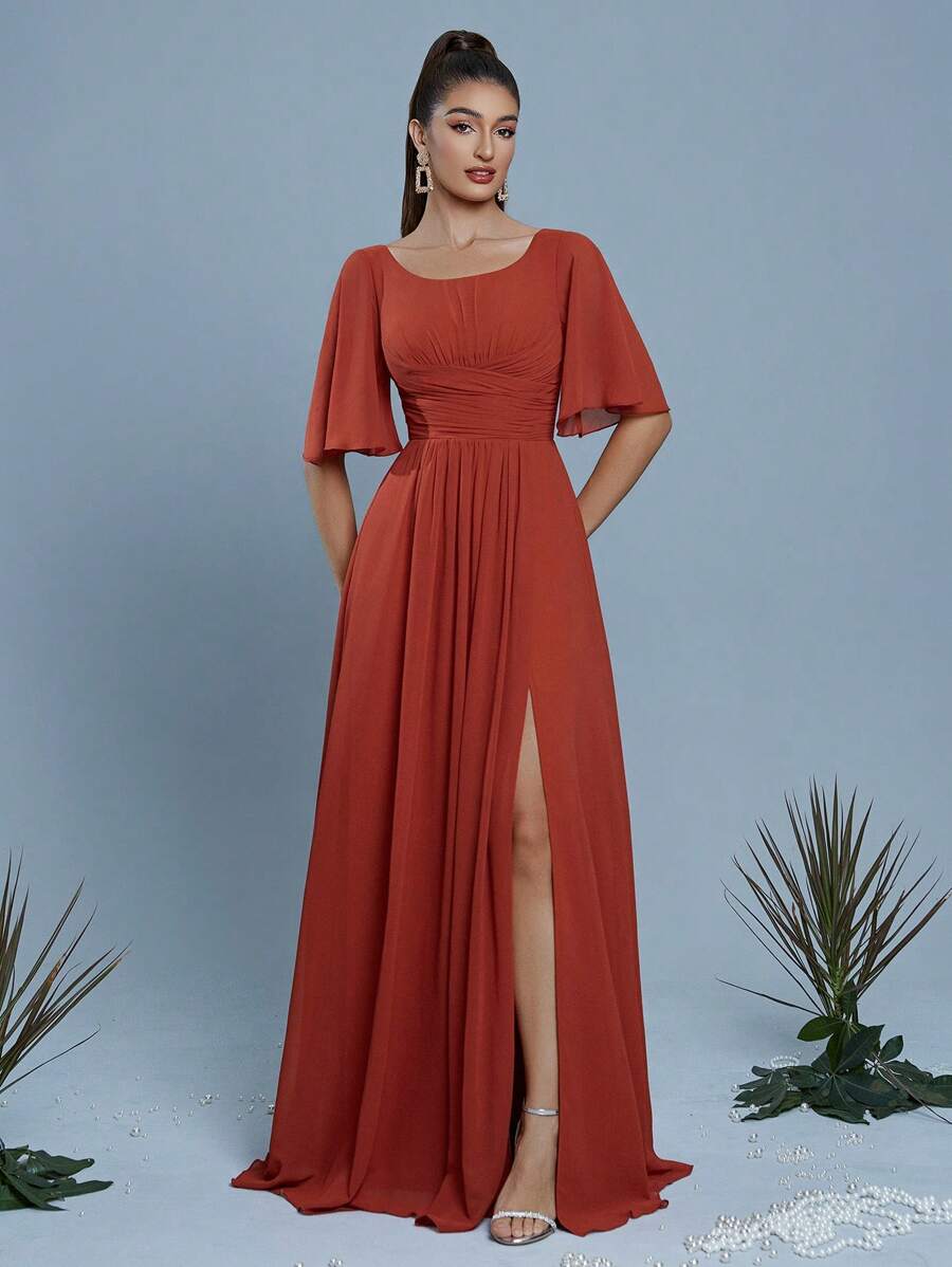 Mgiacy Bateau Neck Elegant Bridesmaid Dress With Ruching, Flare Sleeves, Chiffon High Slit Maxi Gown - Red - View 1