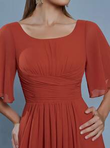 Mgiacy Bateau Neck Elegant Bridesmaid Dress With Ruching, Flare Sleeves, Chiffon High Slit Maxi Gown - Red - View 5