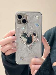 奢华水晶莱茵石心形镜面手机壳适用于 16 Pro Max/ 16 Pro/ 16/ 15/ 15 Pro、New 14 Pro、15PM/14、12 Pro Max、Chic 14、Creative 13 Pro，全覆盖防水防震防摔防刮 - 白色 - 查看 4