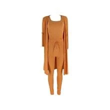 Casual Ribbed 3-Piece Set, Crop Top+High Waisted Drawstring Pants+Long Cardigan, Women's Clothing - 橘色 - 查看 3