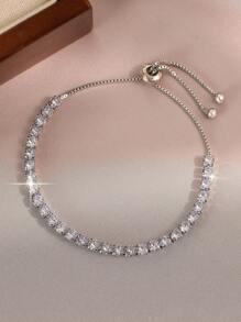 3件套闪亮圆形和方形几何锆石可调节网球手链，适合女性和女孩日常佩戴 - 銀色 - 查看 5