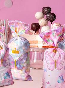 25 stuks roze paarse kroonvlindersnoepzakjes - Levendige verjaardagsfeestartikelen - Plastic koekjesverpakkingszak, geschikt voor bruidscadeaus, huwelijkscadeaus en verjaardagsfeestdecoratie