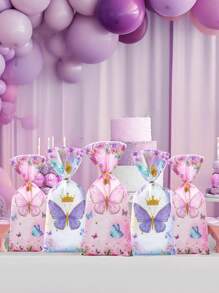 25 stuks roze paarse kroonvlindersnoepzakjes - Levendige verjaardagsfeestartikelen - Plastic koekjesverpakkingszak, geschikt voor bruidscadeaus, huwelijkscadeaus en verjaardagsfeestdecoratie