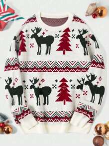 ANDREILEE Unisex Asymmetrical Striped Christmas Tree & Reindeer Pattern Long Sleeve Sweater, Casual Loose Crew Neck Knit Pullover For Winter - White - View 2