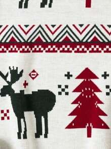 ANDREILEE Unisex Asymmetrical Striped Christmas Tree & Reindeer Pattern Long Sleeve Sweater, Casual Loose Crew Neck Knit Pullover For Winter - White - View 4