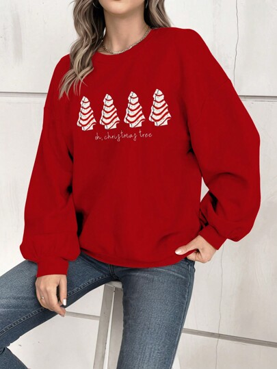 Moletom feminino com estampa de árvore de Natal e gola redonda e manga comprida