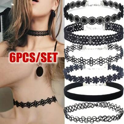 6pcs Black Flower Choker Necklace Set, Elastic Velvet Classic Tattoo Lace Collar Jewelry For Women